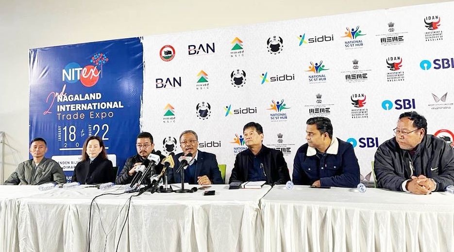 From left to right, Inoto Kinimi, convenor of Import/ Export/ Logistics standing committee, Zubeno Mozhui, convenor of Tourism standing committee, Dr Yan Murry, L Mongkum Jamir, BAN President, A Temjen Jamir, Director of Industries and Commerce Vijay Prakash, General Manager of NSIC and Tali Longchar, Joint Director and HoD of MSME during the press conference on January 17. (Morung Photo)